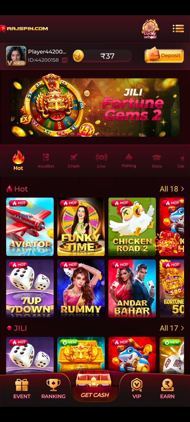 RajSpin Game APK registration page for new users